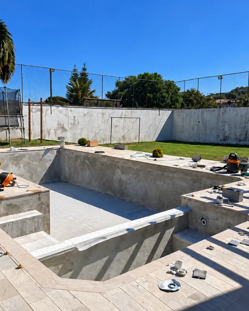 Estrutura da mesma piscina durante a obra, ainda sem revestimento, na Vila Dom Pedro, em Atibaia