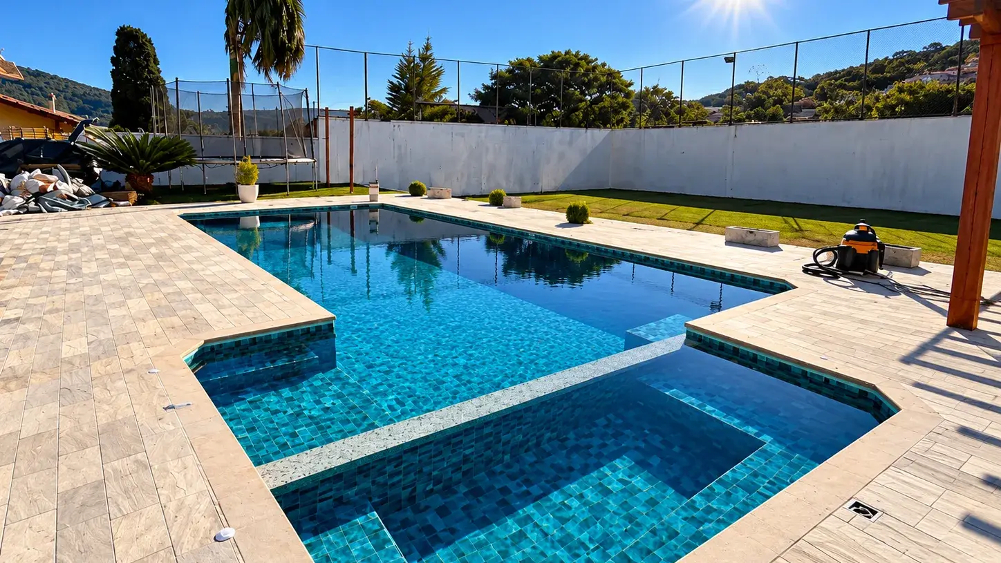 Piscina de vinil recém-entregue com degrau largo e borda clara, num dia de sol na Vila Dom Pedro, em Atibaia