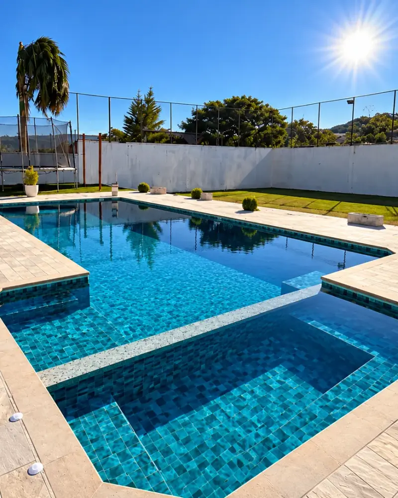 Piscina de vinil recém-entregue com degrau largo e borda clara, na Vila Dom Pedro, em Atibaia