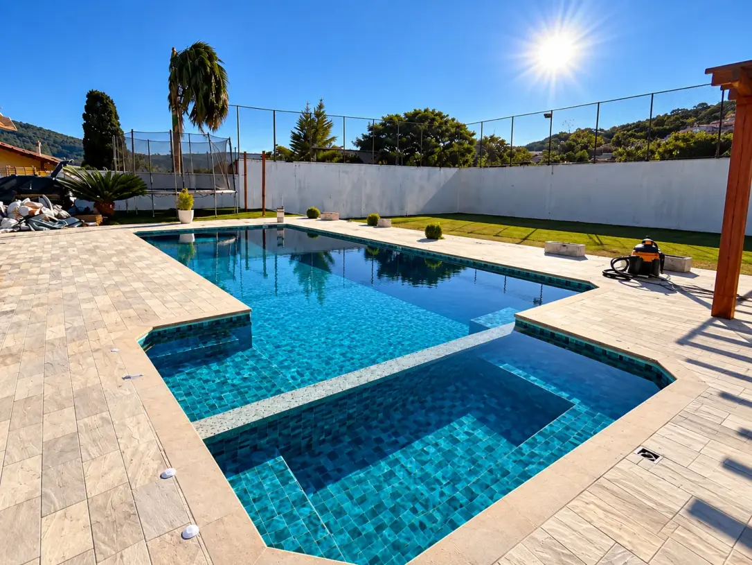 Piscina de vinil recém-entregue com degrau largo e borda clara, na Vila Dom Pedro, em Atibaia