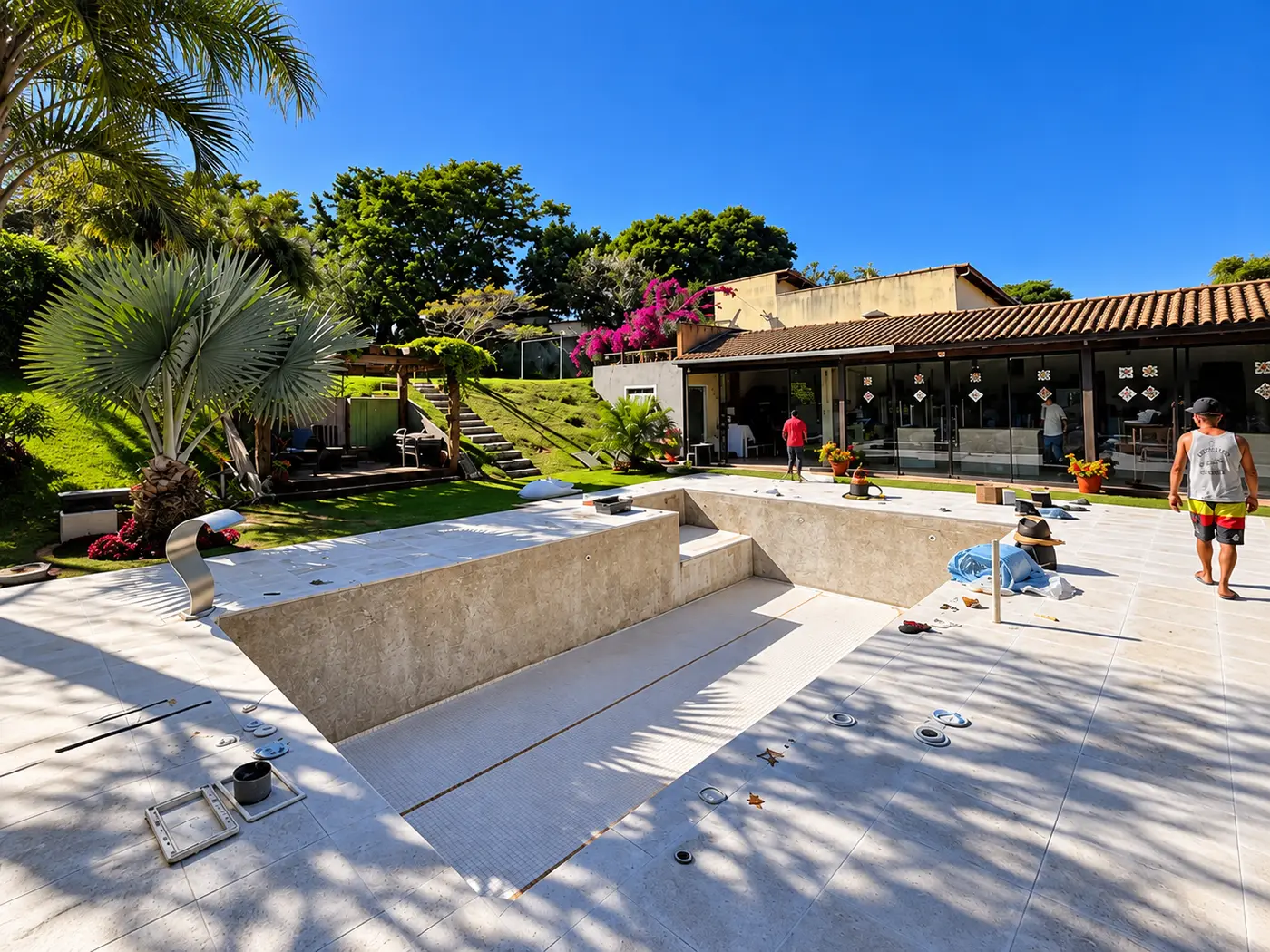 Piscina vazia, com a estrutura preparada para receber o vinil novo