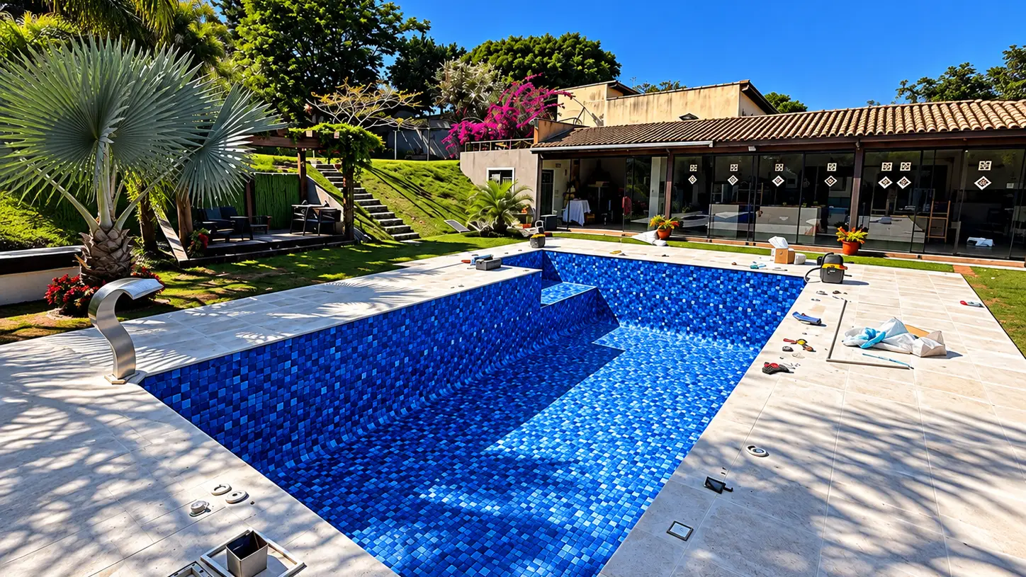 Piscina retangular com vinil azul novo, logo depois da troca feita pela Marks Piscinas