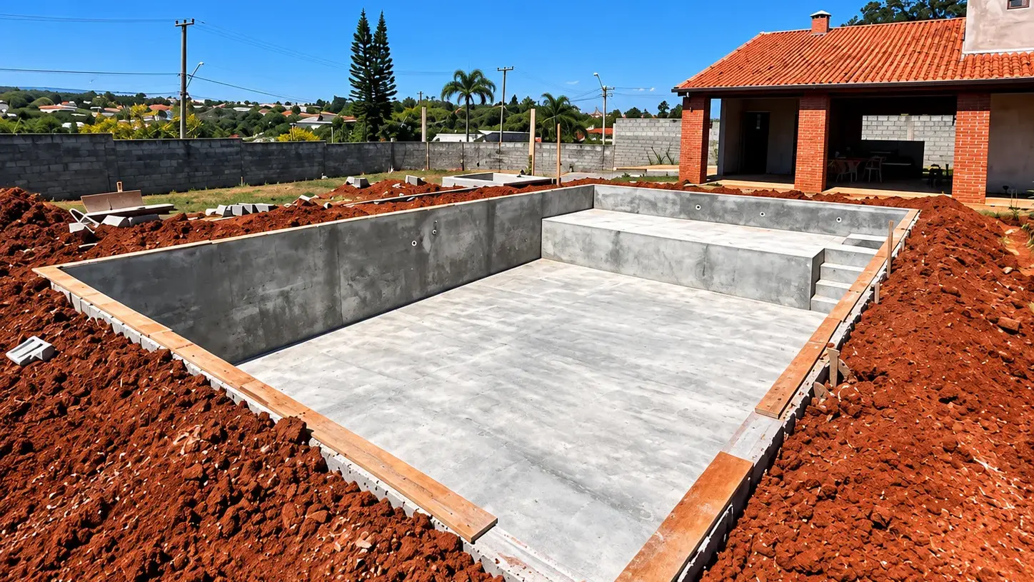 Obra de piscina da Marks Piscinas com a estrutura de alvenaria pronta e a casa ao fundo