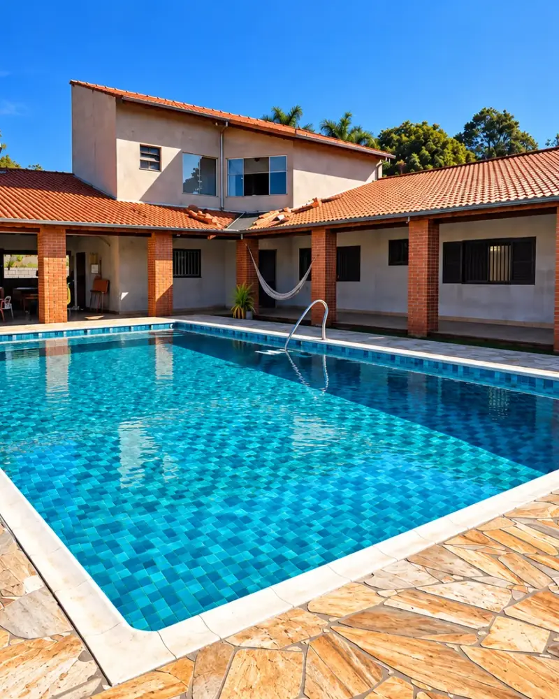 Piscina de vinil azul recém-construída, com deck de pedra e casa ao fundo, em Boituva
