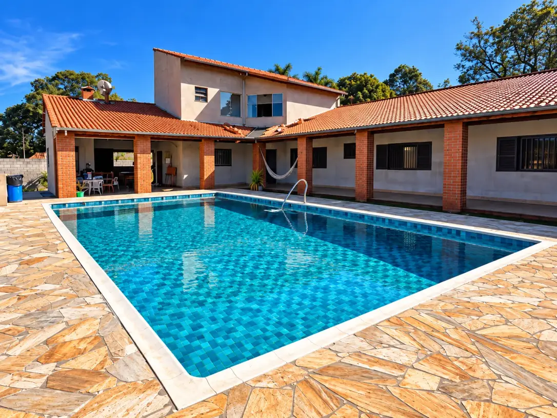 Piscina de vinil azul recém-construída, com deck de pedra e casa ao fundo, em Boituva