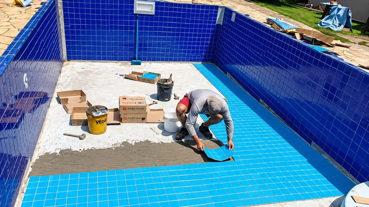 Profissional da Marks assentando pastilha azul no fundo de uma piscina em reforma