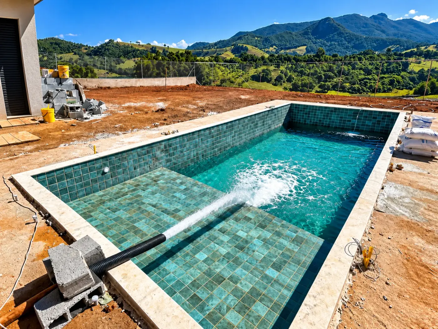 Piscina de alvenaria com pastilha verde sendo enchida no fim da obra