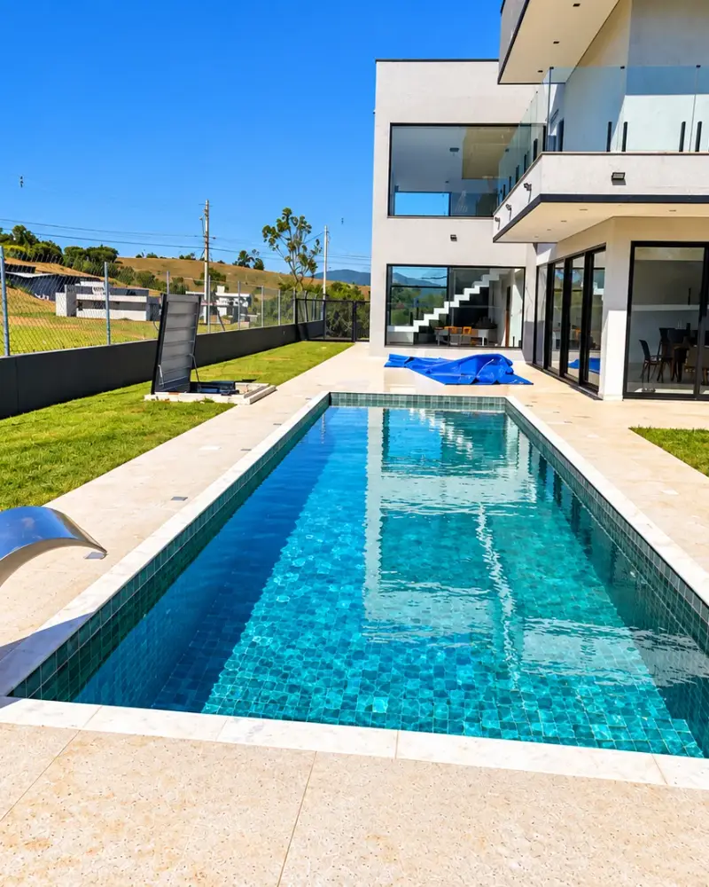 Piscina de alvenaria com cascata de inox ao lado de uma casa moderna de dois andares, em Joanópolis