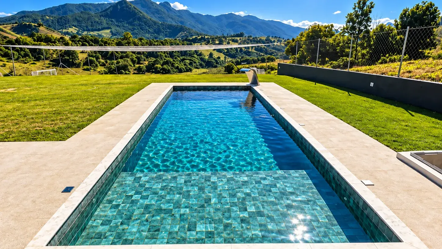 Piscina de alvenaria retangular com pastilhas verdes e borda clara, com as montanhas de Joanópolis ao fundo