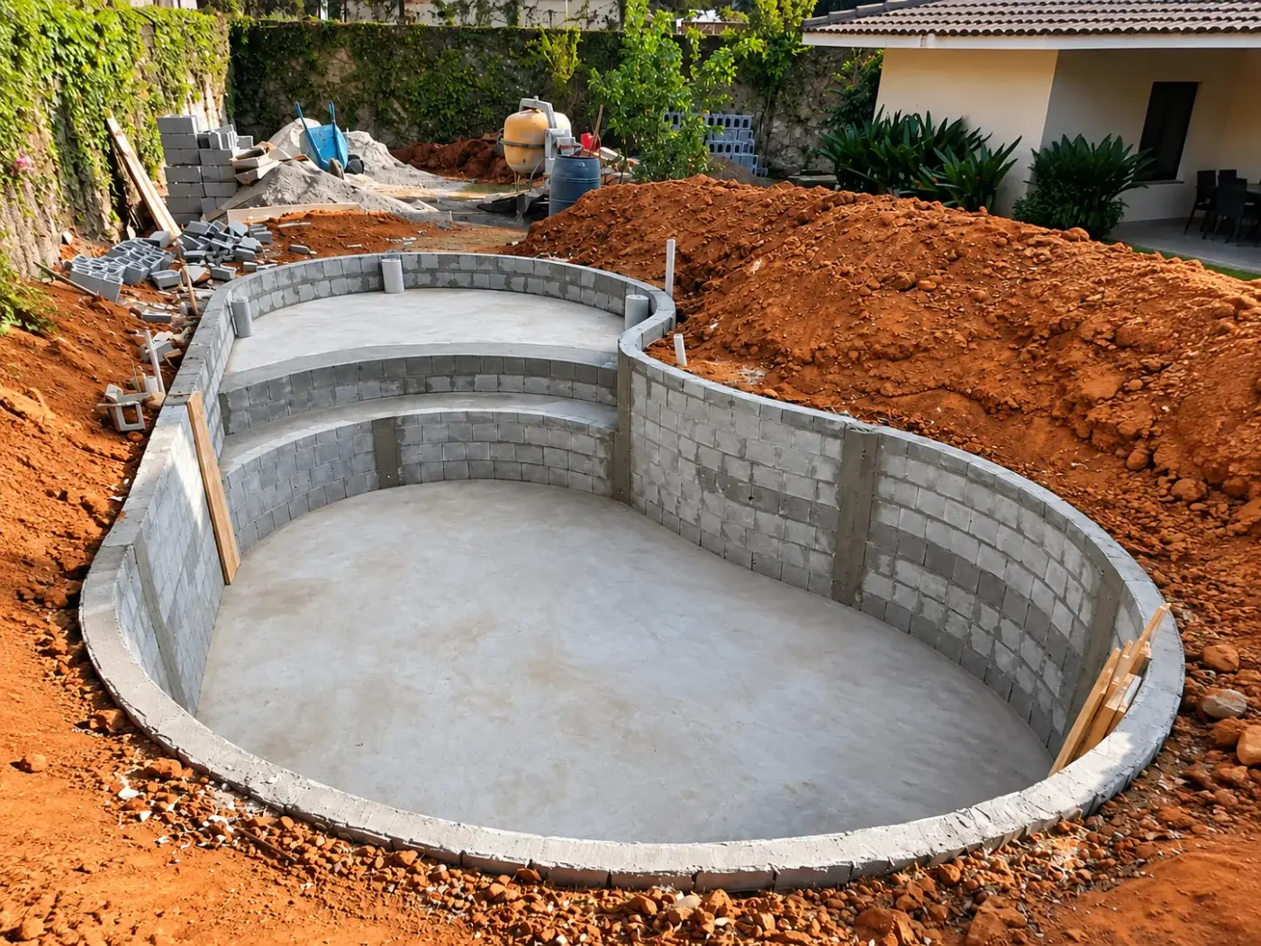 Paredes de blocos de uma piscina de formato curvo em construção