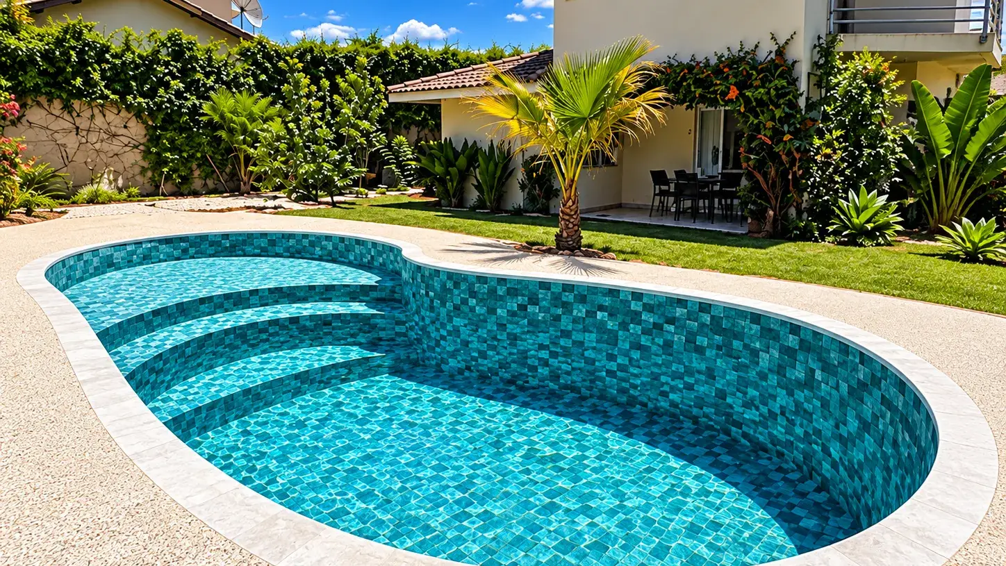 Piscina de vinil de formato curvo com degraus largos, pastilha azul-esverdeada e borda clara, com jardim e casa ao fundo, num condomínio em Atibaia