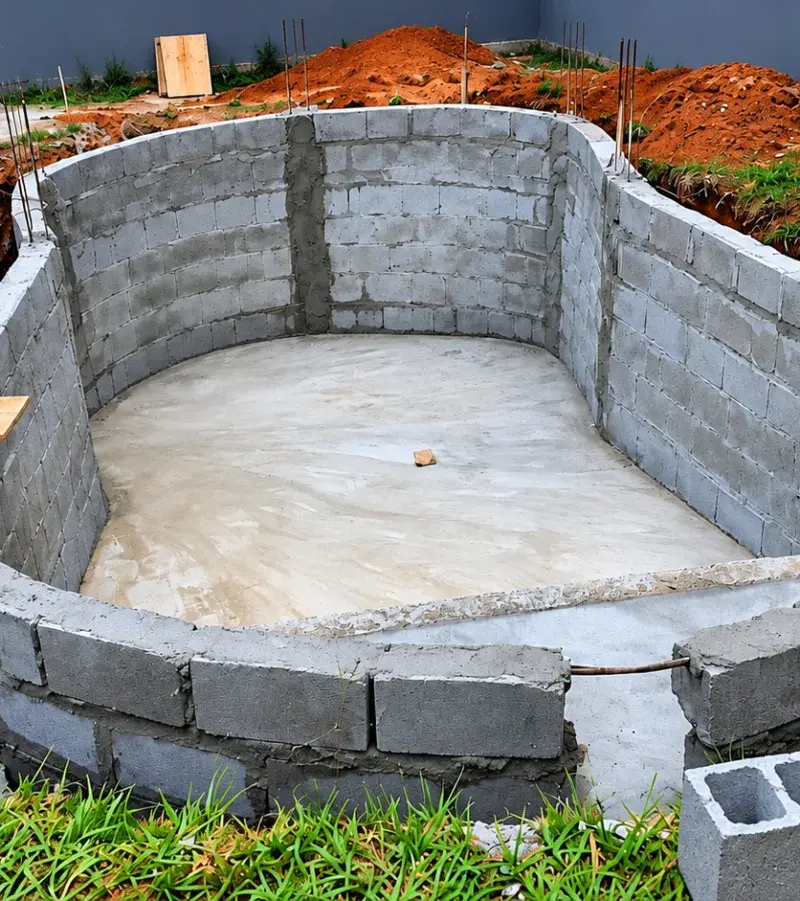 Escavação feita à mão de uma piscina de formato curvo, em terra vermelha, no Shambala, em Atibaia
