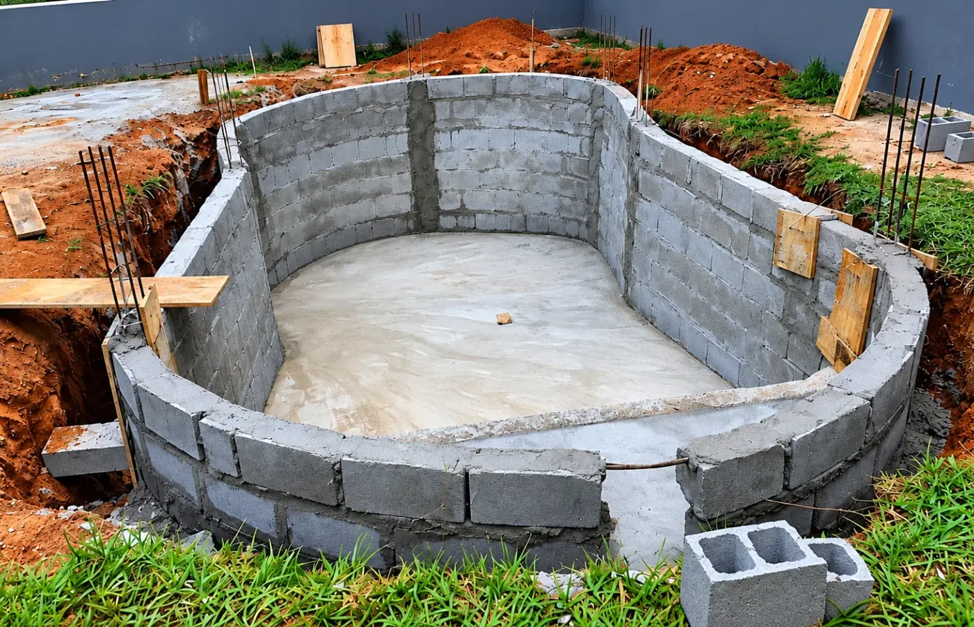 Escavação de uma piscina de formato curvo num terreno de terra vermelha