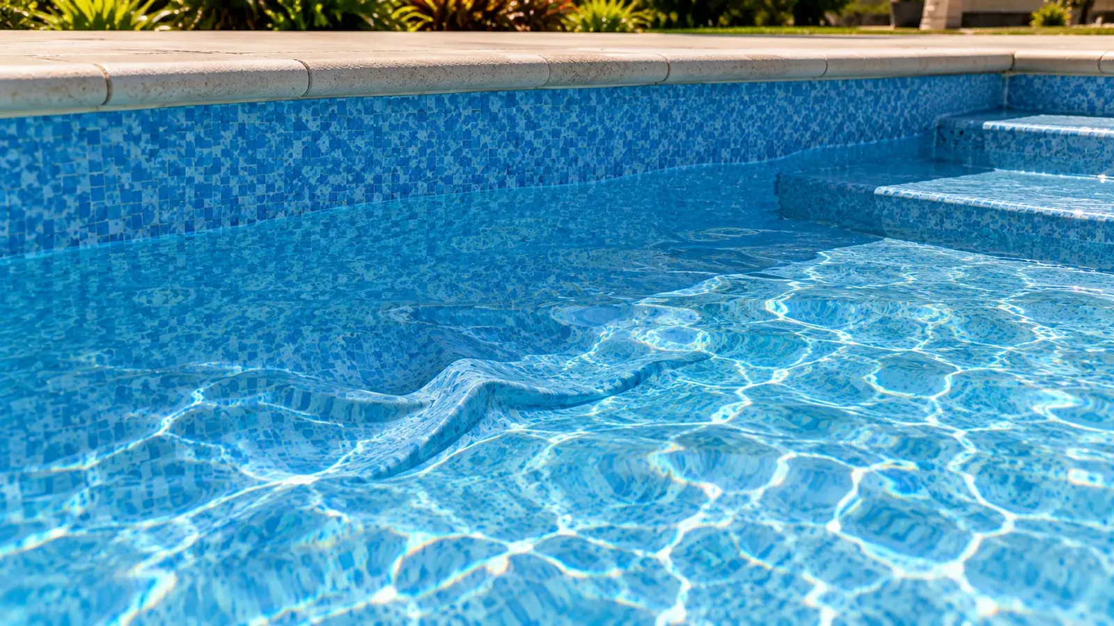 Imagem ilustrativa: fundo de piscina de vinil azul com uma ruga visível perto dos degraus, vista através da água cristalina