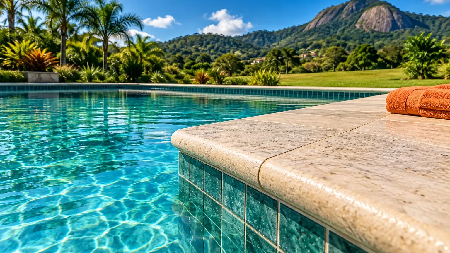 Imagem ilustrativa: borda de piscina em pedra clara com acabamento arredondado, sobre pastilha verde-azulada