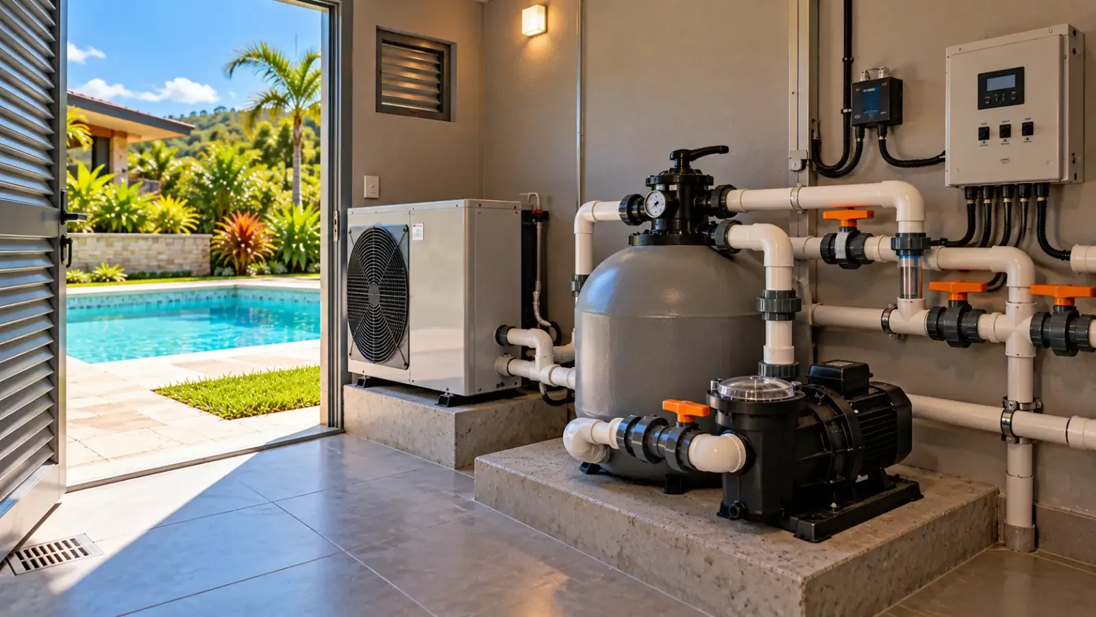 Imagem ilustrativa: casa de máquinas organizada, com filtro de areia, bomba, bomba de calor, tubos brancos com registros e painel elétrico, e a piscina vista pela porta aberta