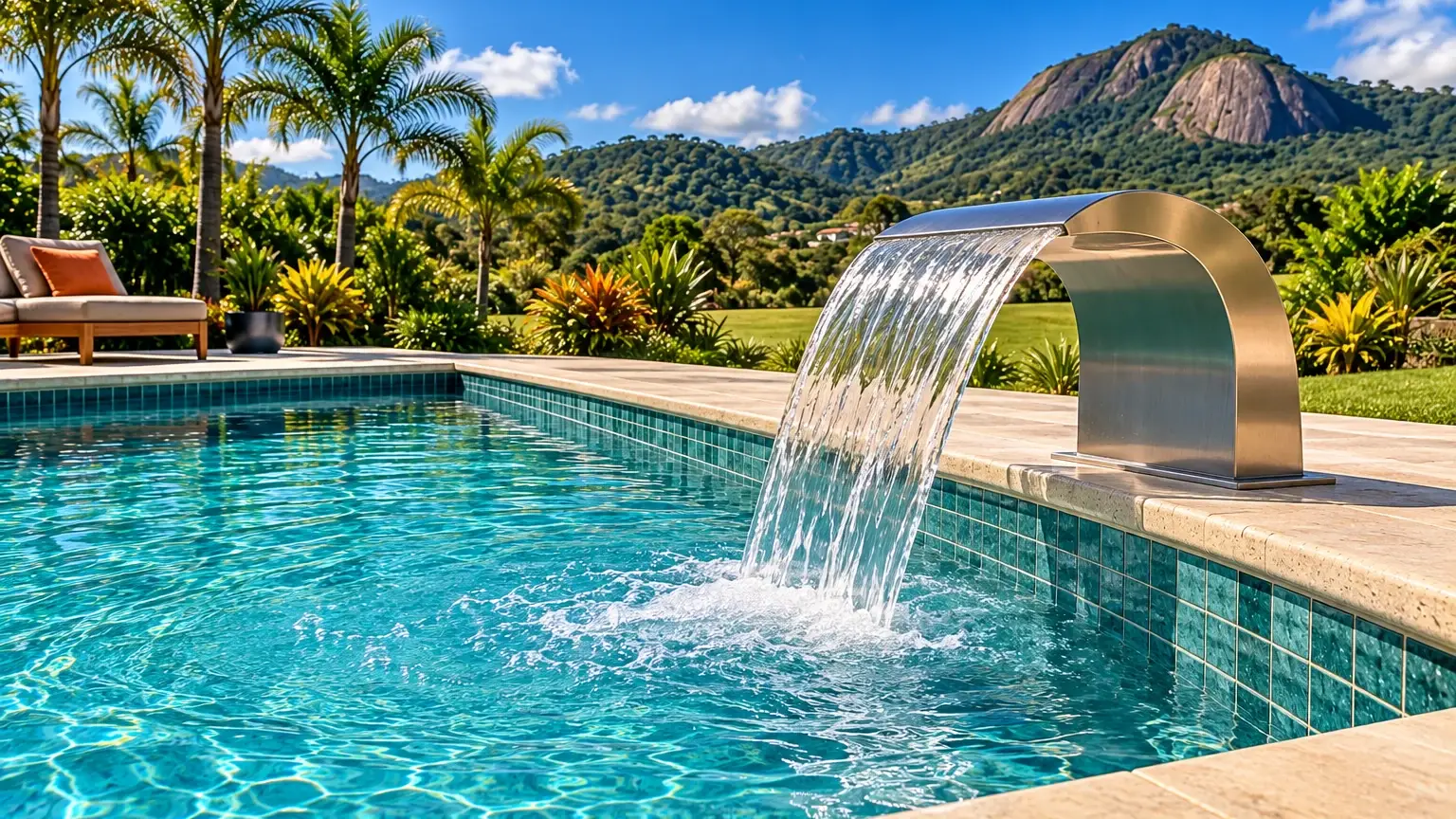 Imagem ilustrativa: cascata de inox derramando uma lâmina de água numa piscina com pastilha verde-azulada e jardim tropical