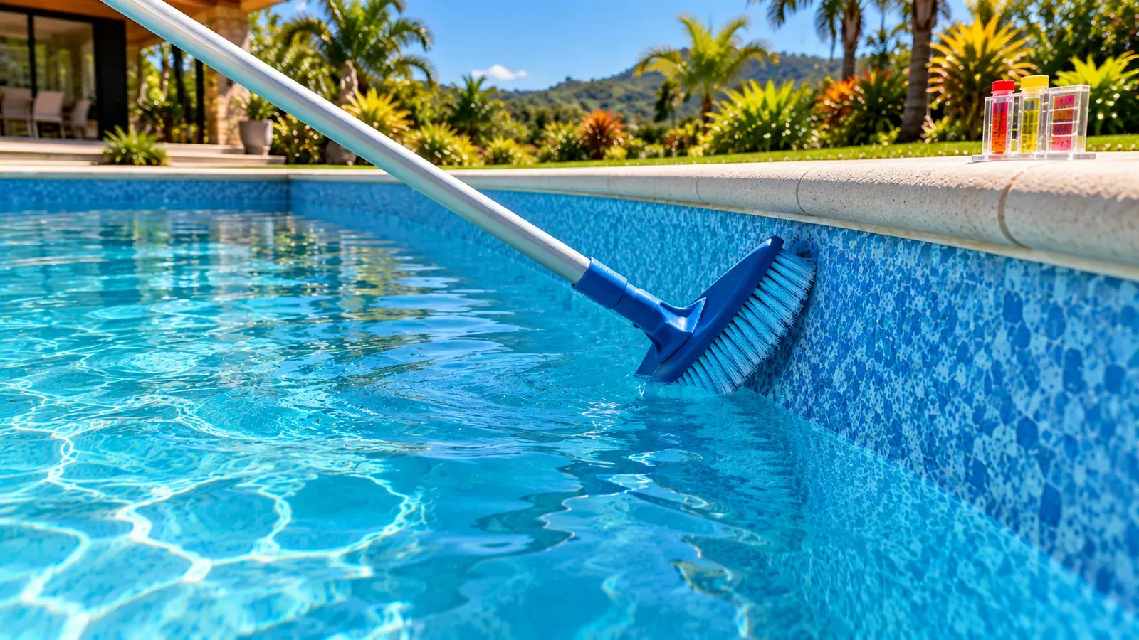Imagem ilustrativa: escova de cerdas macias limpando a parede de uma piscina de vinil azul, com um kit de teste da água sobre a borda