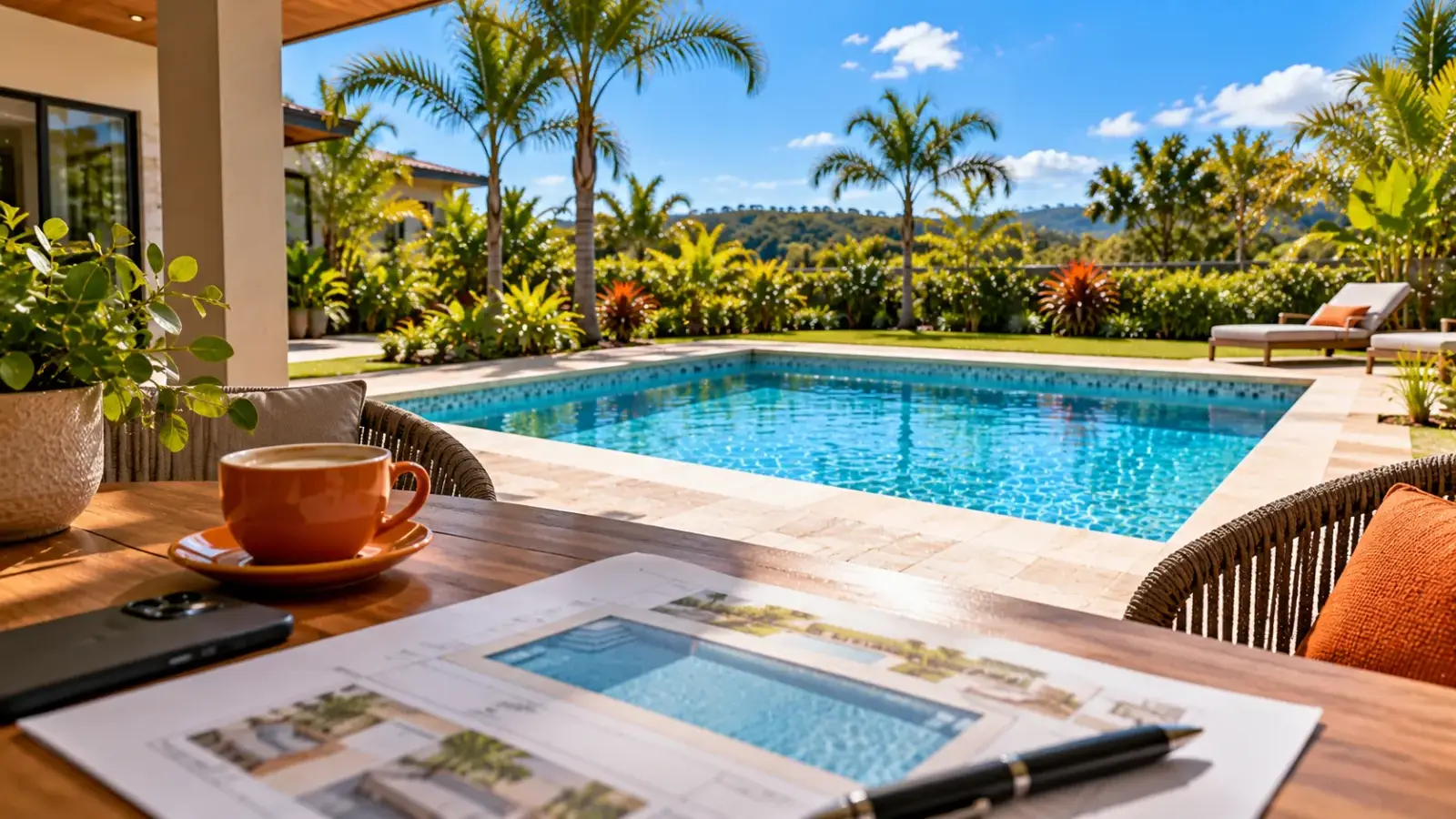 Imagem ilustrativa: projeto impresso de piscina, caneta, celular e xícara de café sobre uma mesa na varanda, com a piscina e o jardim ao fundo