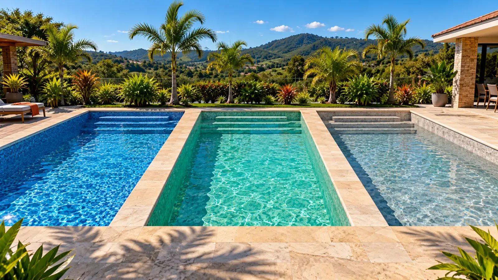 Imagem ilustrativa: três piscinas lado a lado com vinil de estampas diferentes, azul, verde-água e cinza-claro, que mudam a cor da água