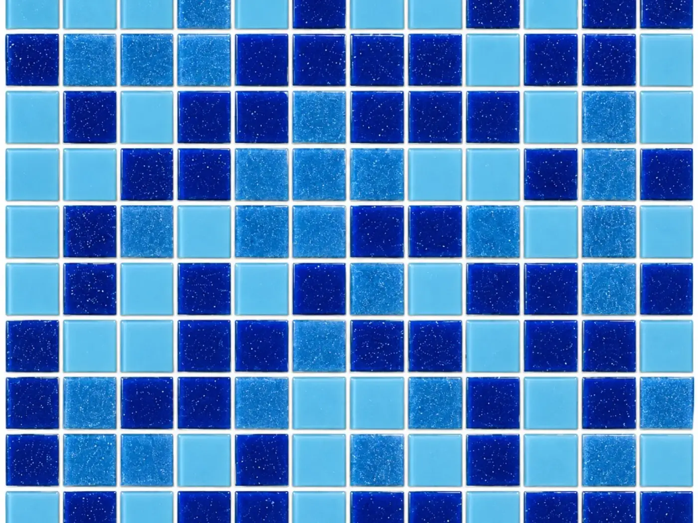 Amostra da estampa Azul-1 de vinil para piscina, em mosaico de quadrados azul-claro, azul médio e azul-escuro