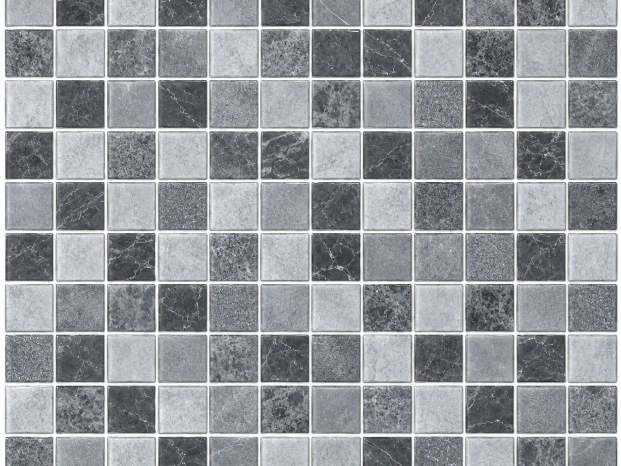 Amostra da estampa Cinza de vinil para piscina, em mosaico de quadrados cinza-claro e cinza-escuro com veios de mármore