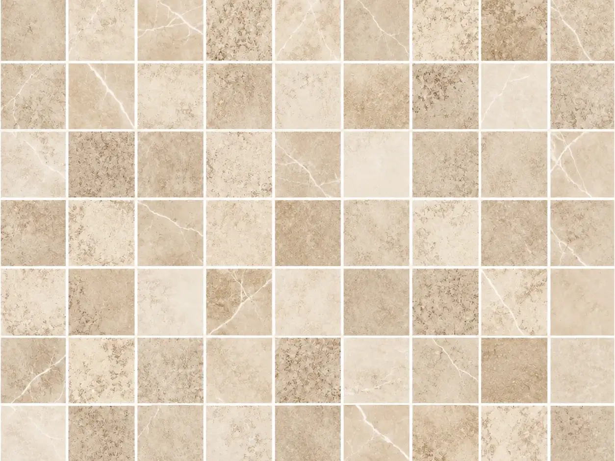 Amostra da estampa Bege de vinil para piscina, em mosaico de quadrados bege e areia com veios claros