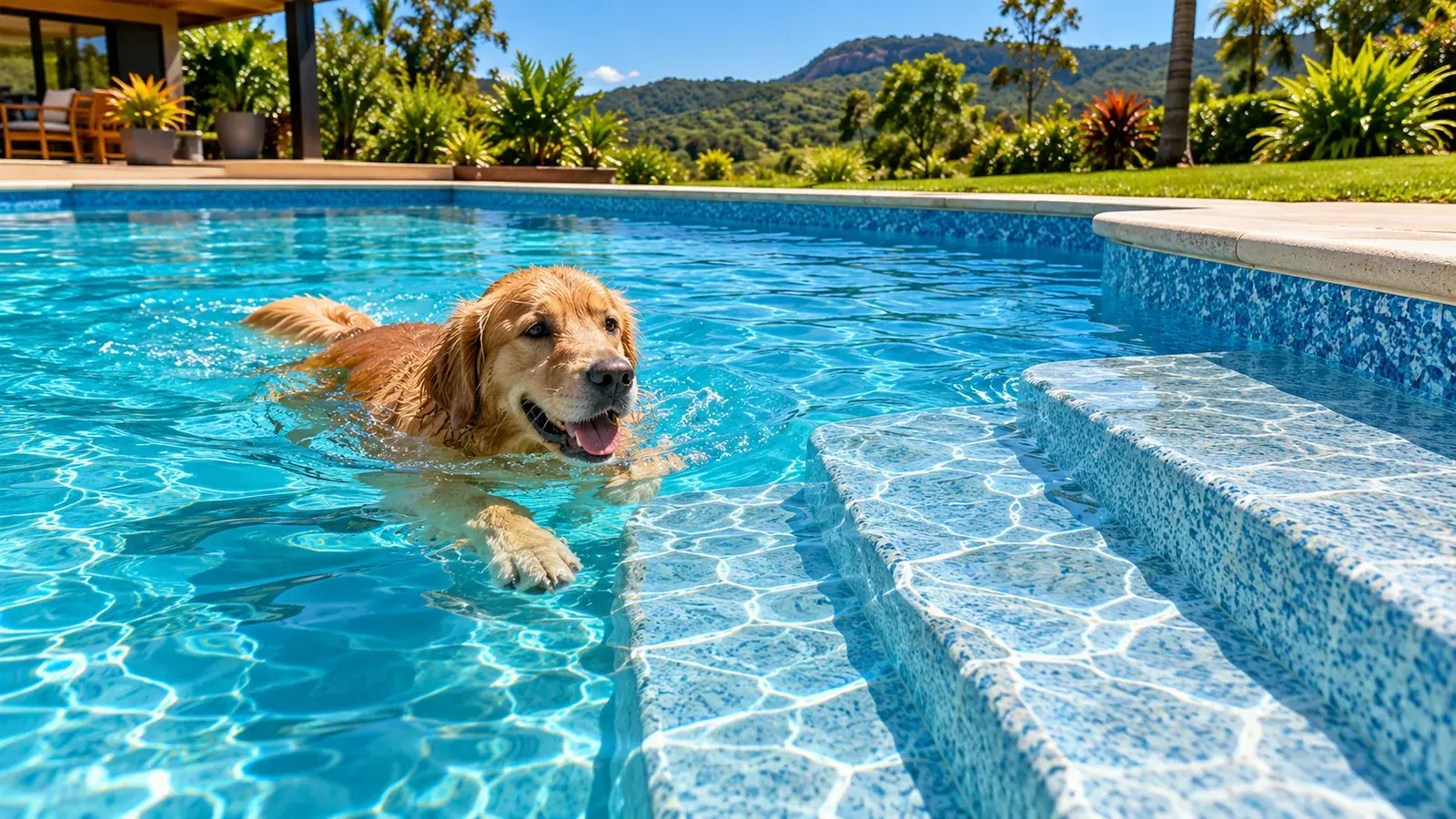 Imagem ilustrativa: cachorro nadando numa piscina revestida de vinil azul, com degraus largos