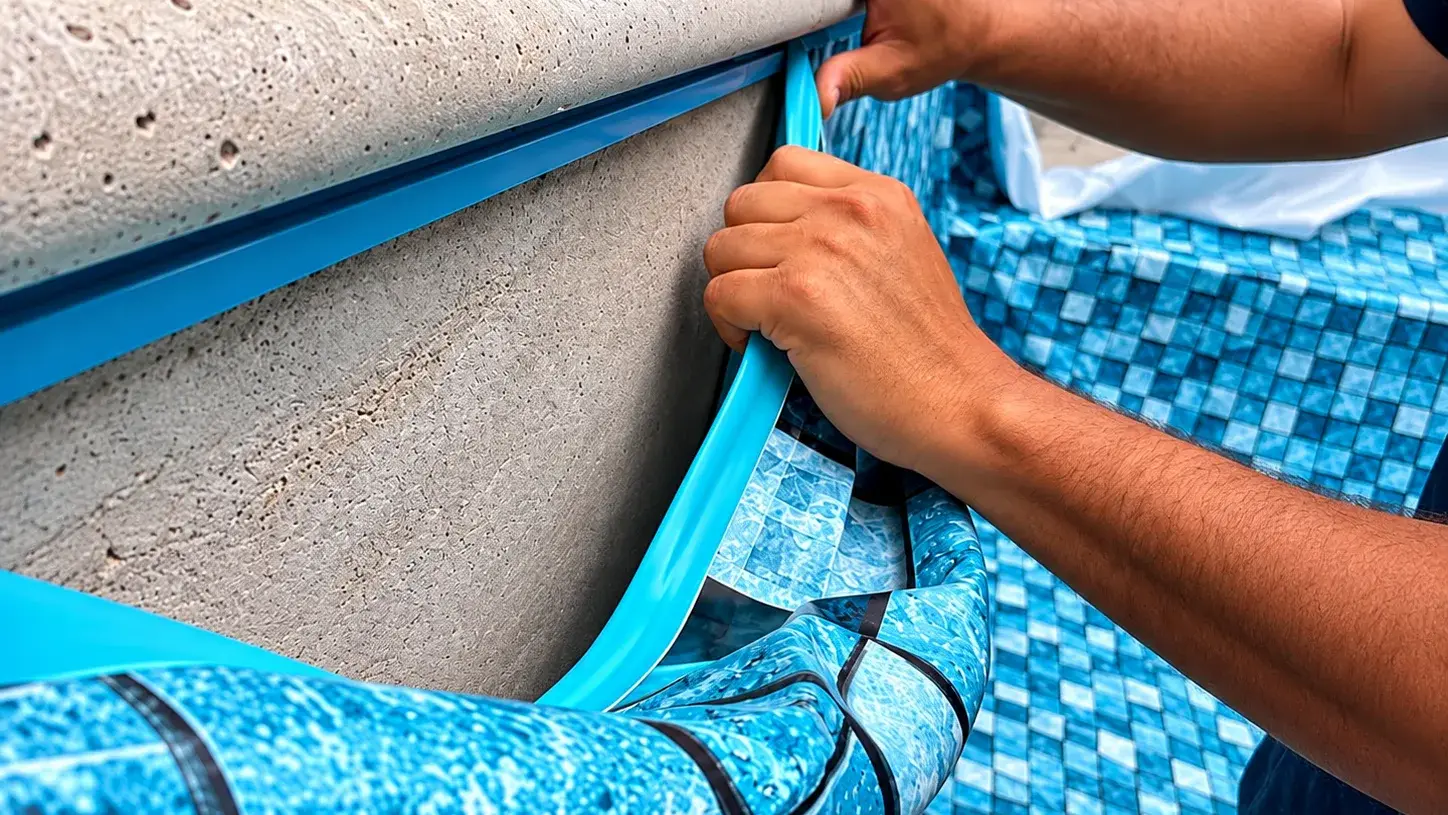 Instalador da Marks Piscinas encaixando o vinil novo no perfil da borda da piscina
