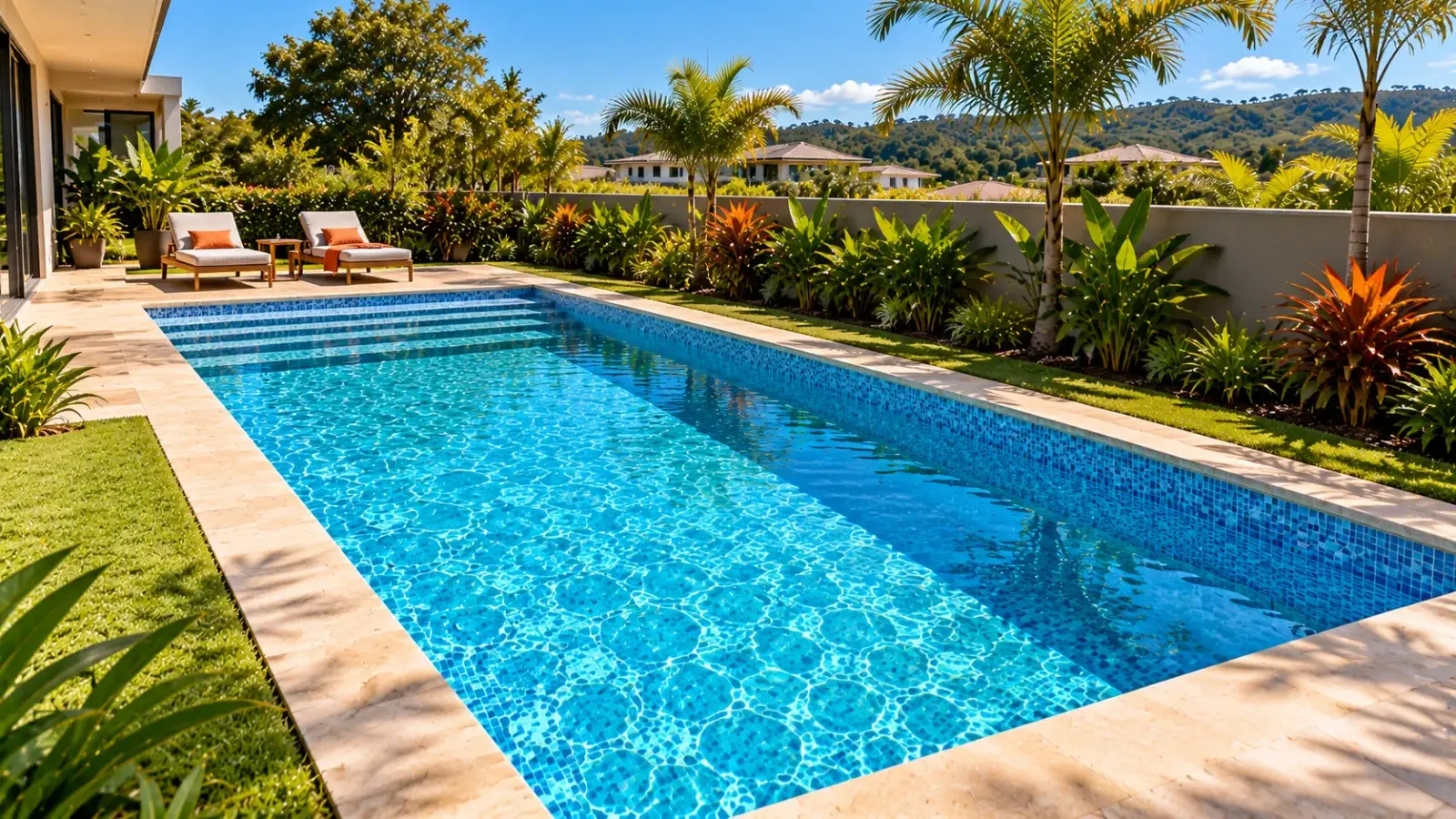 Imagem ilustrativa: piscina retangular de vinil azul com degraus largos numa ponta, borda de pedra clara e duas espreguiçadeiras, no quintal de uma casa