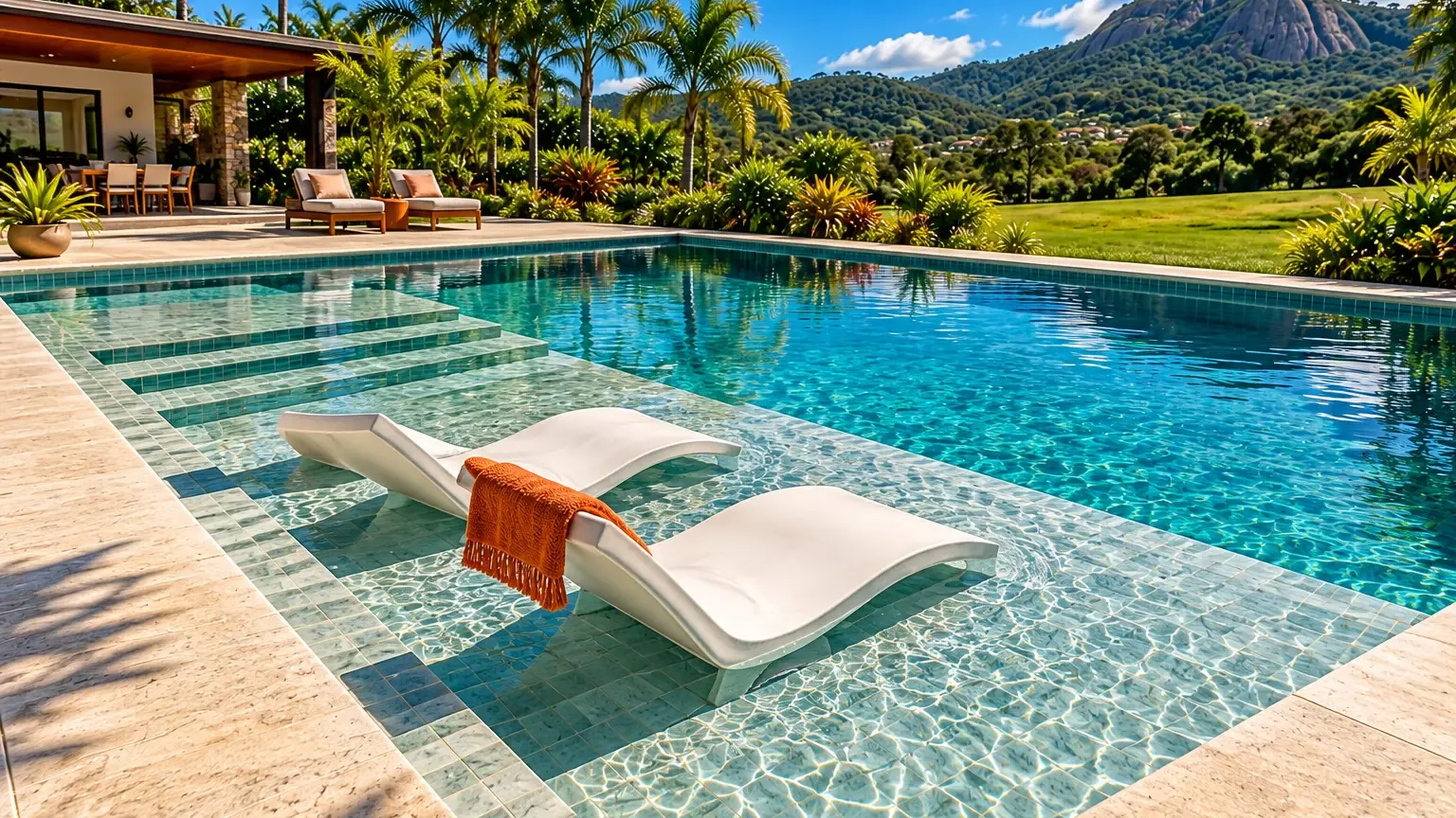 Imagem ilustrativa: piscina com prainha rasa, espreguiçadeiras dentro da água e degraus largos, em casa de campo