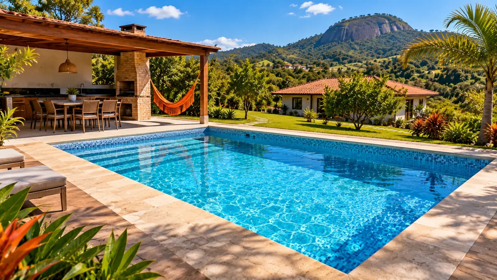 Imagem ilustrativa: piscina de vinil azul numa chácara, com área gourmet de churrasqueira de tijolo, rede, casa de telhado cerâmico e morro de pedra ao fundo