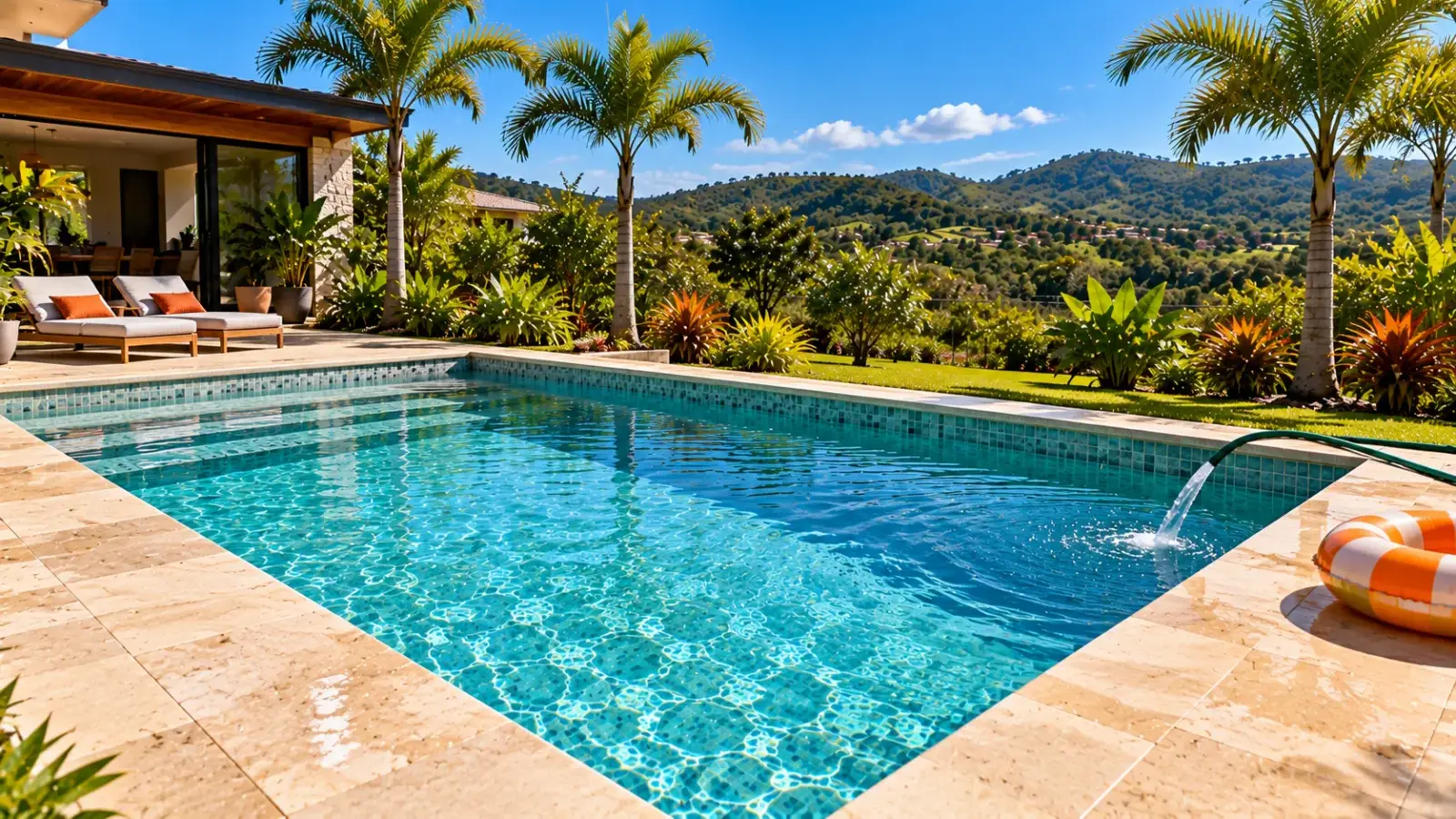 Imagem ilustrativa: piscina nova sendo enchida por uma mangueira num dia de sol, com boia laranja sobre a borda de pedra clara