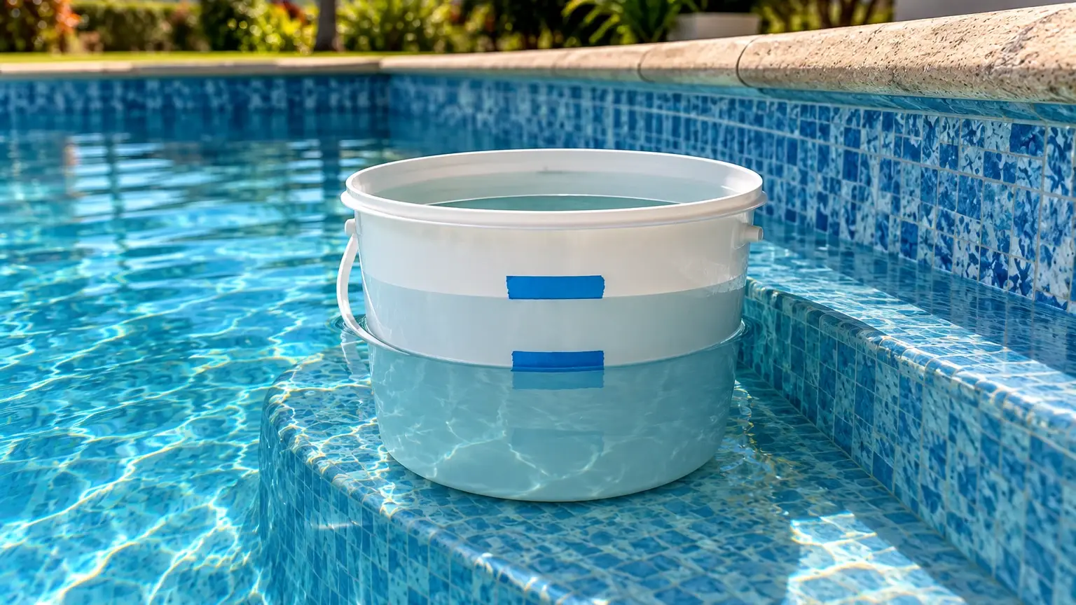 Imagem ilustrativa: teste do balde no degrau de uma piscina de vinil, com fitas marcando o nível da água dentro e fora do balde