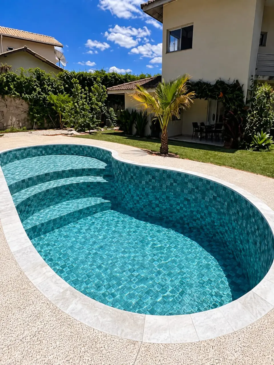 Piscina de vinil de formato curvo com degraus largos e borda clara, no Shambala, em Atibaia