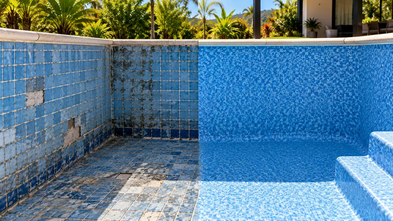 Imagem ilustrativa: piscina de alvenaria antiga com azulejos azuis desgastados de um lado e vinil azul novo do outro