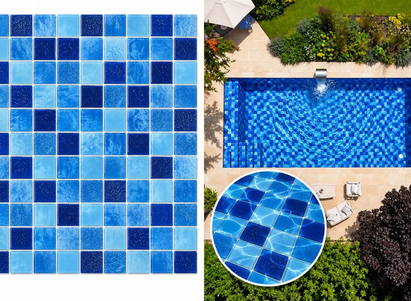 Amostra do vinil Azul-1, com estampa de pastilha azul, e simulação na piscina