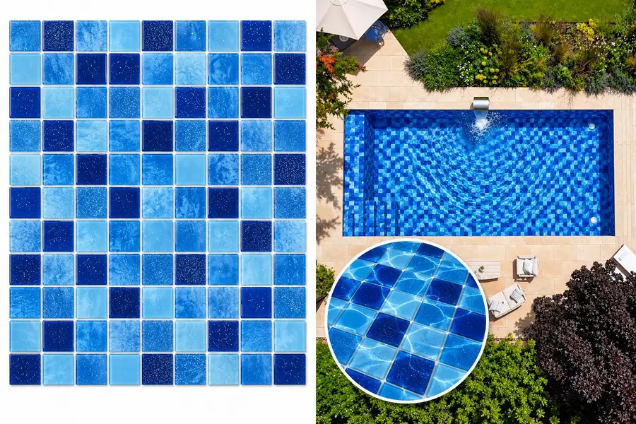 Estampa de vinil para piscina Azul-1 e simulação aplicada em uma piscina