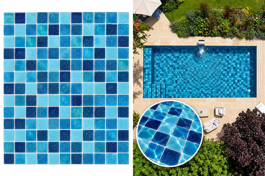 Estampa de vinil para piscina Azul-2 e simulação aplicada em uma piscina
