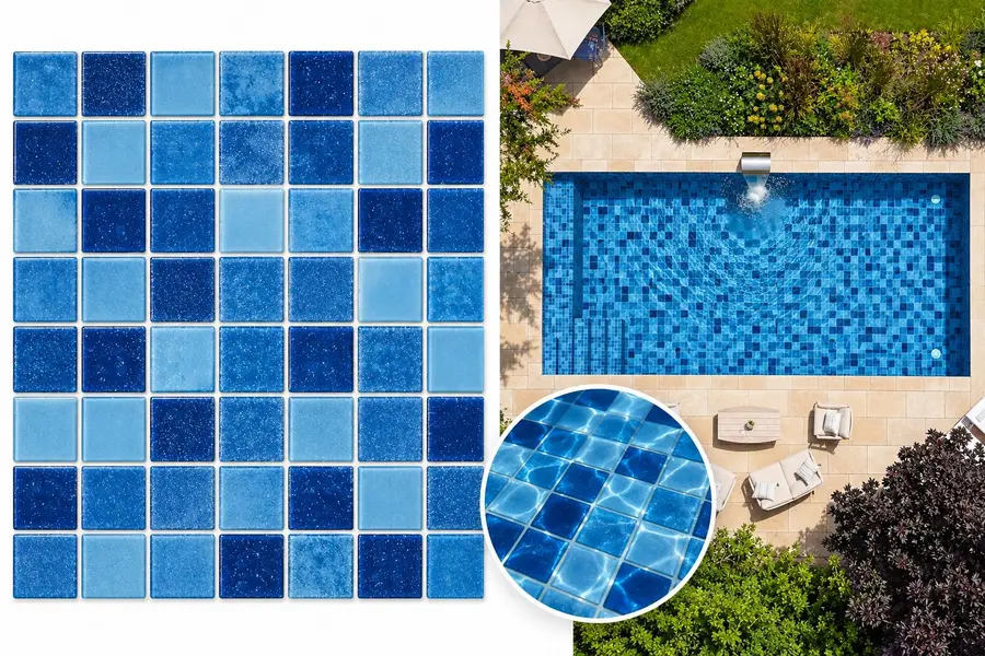 Estampa de vinil para piscina Azul-3 e simulação aplicada em uma piscina