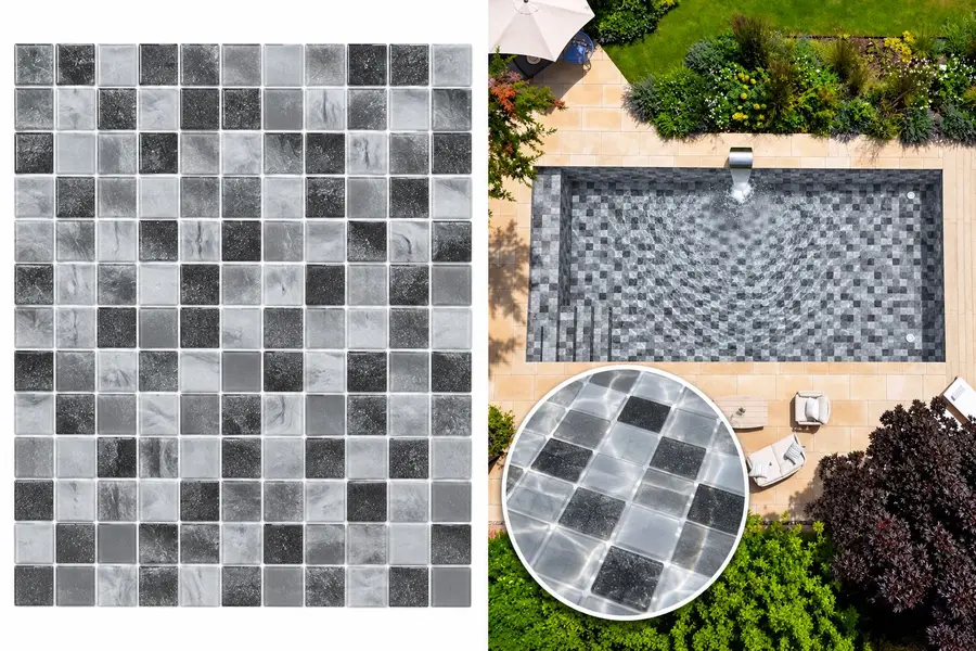 Estampa de vinil para piscina Cinza e simulação aplicada em uma piscina