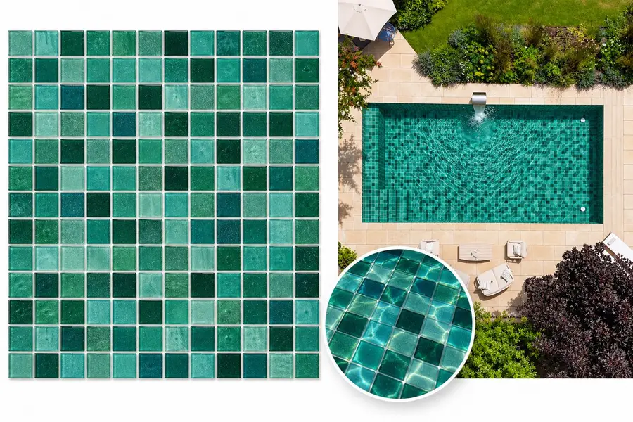 Estampa de vinil para piscina Verde-água-2 e simulação aplicada em uma piscina